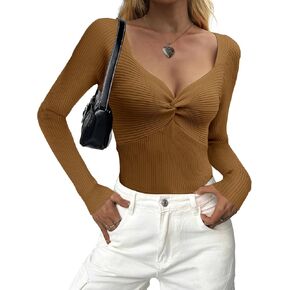 Zeagoo Sweaters for Women Fall Long Sleeve V Neck Sexy Ribbed Knit Sweater Slim Fit Solid Basic Casual Tops