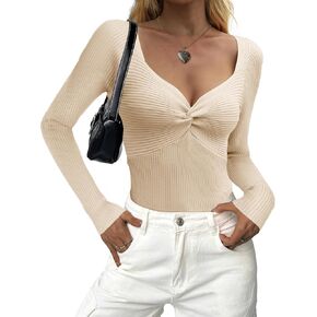 Zeagoo Sweaters for Women Fall Long Sleeve V Neck Sexy Ribbed Knit Sweater Slim Fit Solid Basic Casual Tops