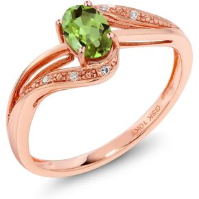 Gem Stone King 10K Rose Gold Green Peridot and Diamond Engagement Bypass Ring For Women | 0.54 Cttw | Gemstone Birthstone | Available In Size 5, 6, 7, 8, 9