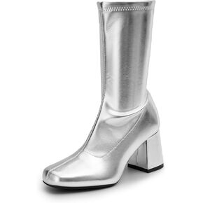 DREAM PAIRS Women's Go Go Boots Mid Calf Low Block Heel Boots Zipper Square Toe Ankle Boots For Party Cosplay Dance