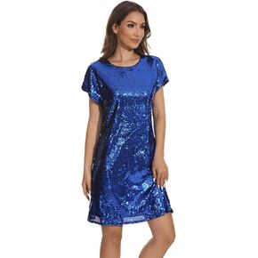 Women's Crewneck Sequin Shift Dress Short Sleeve Casual Holiday Sparkly Party Dress