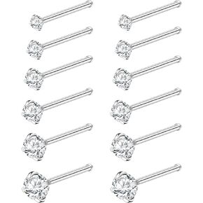 12Pcs Nose Rings Studs 18G 20G 22G Straight Nose Studs Surgical Stainless Steel Nose Rings for Women Hypoallergenic Nose Bone Studs Cubic Zirconia Lip Rings Nose Piercings Jewelry 1.5mm-4mm