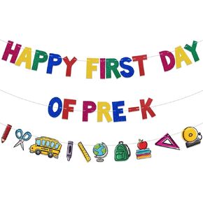 Happy First Day of Pre-K Banner,Happy First Day of Preschool Decor, Welcome Back to School Decorations, Back to School Classroom Teacher Office Decorations Colorful Glitter