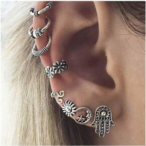 بوهو القمر الأذن مسمار مجموعة خمر الفضة الكفة الأقراط الشمس زهرة متعددة الأقراط مسمار الأذن مجوهرات للنساء (8 قطعة) in Kuwait