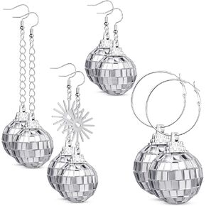 4 Pair Disco Ball Earrings, Disco Earrings, 60's 70's Silver Mirror Disco Earrings for Women's Costume Outfit Accessories Halloween Birthday Bachelorette Earrings