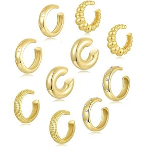 Akeoqi 5 Pairs Chunky Ear Cuffs Earrings Non Piercing Clip on Earrings Hollow Thick Twist CZ Heart Cartilage Huggie Hoops Jewelry Sets for Women Men Gold Silver Tone