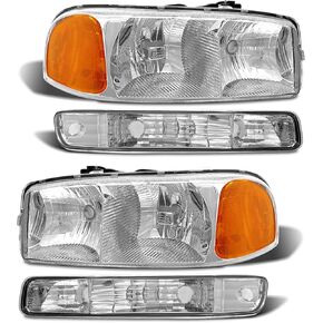 compatible with 1999-2006 Sierra Headlight Assembly for 99-06 GMC Sierra 1500 2500 3500/00-06 GMC Yukon Clear Lens Chrome Housing with Amber Reflector Headlamp Replacement Left and Right