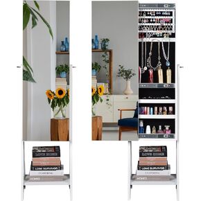 Sliding Mirror Jewelry Cabinet with Storage, Standing Jewelry Armoire Full Length Mirror Double-Sided, Space-Saving Jewelry Extra-Large Organizer with Hooks, Rings - White