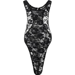 Mens Sheer Bodysuit Sexy Mesh Lace Floral One Piece Swimsuit Sissy Thong Leotard Jumpsuit
