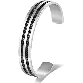 Minimalist Cuff Bracelet with Black Lucky Nautical Rope Chain Inlaid, Stainless Steel Cuff Bangle Unique and Stylish