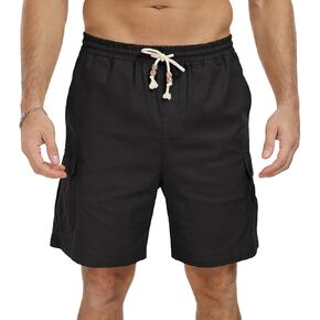 NITAGUT Men's Linen Shorts Summer Beach Casual Drawstring Shorts with Multi Pockets