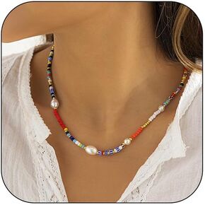 Colorful Beaded Necklace for Women Freshwater Beaded Pearl Choker Necklace for Women Y2K Trendy Pearl Necklace Boho Surfer Beach Necklace Summer Handmade Jewelry