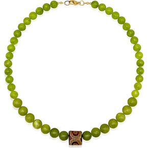 Women's Green Peridot Beaded Necklace,Natural Gemstone Choker with Tibetan Dzi Bead Pendant,
