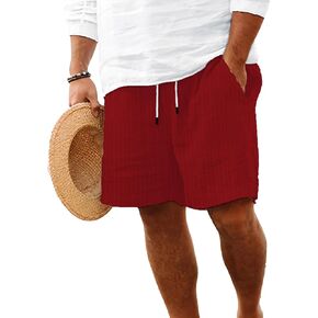 Mens Linen Shorts Flat Front Casual Elastic Waist Drawstring Summer Beach Vacation Shorts with Pocket