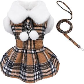 Plaid Dog Harness Dress and Leash Set, Fleece Puppy Sweater, Fall Winter Warm Pet Clothes with D Ring, Chihuahua Puppy Clothes for Small Dogs Girl Boy Winter Pet Dress XXS