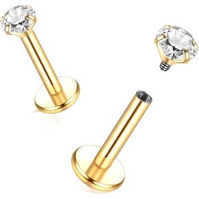 Oveta Titanium Flat Back Studs Earrings for Tragus Cartilage Piercing Jewelry Internally Threaded Nose Rings Studs 18G 16G, Silver/Gold, 2PCS