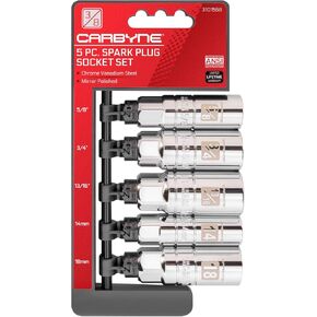 CARBYNE Spark Plug Socket Set - 5 Piece, Includes 5/8", 3/4", 13/16", 14mm, 18mm sizes. High Visibility 3/8-Inch Drive SAE & Metric Spark Plug Socket Set - Heat Treated CR-V Steel, Mirror Polish