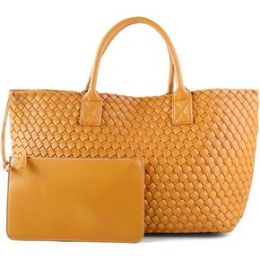 Woven Vegan Leather Tote Bag for Women Retro Handwoven Shoulder Travel Handbag Large Capacity Hobo Bags with Purse