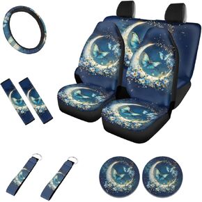 Skull Car Seat Cover Full Set for Women Men Rose Seat Covers for Car Accessories Car Interior Set Steering Wheel Cover+Seat Belt Cover+Coasters+Keychains Front Back Seat Protector 11 PCS