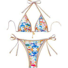 SOLY HUX Women's Bathing Suits Allover Print Halter Triangle Tie Side Bikini Sets Two Piece Swimsuit