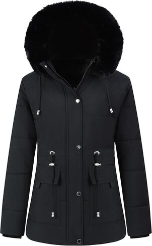 معطف منتفخ شتوي دافئ للنساء من MOERDENG جاكيت سميك مبطن بالصوف من الفرو الصناعي غطاء رأس قابل للفصل سترة ثلجية in Kuwait