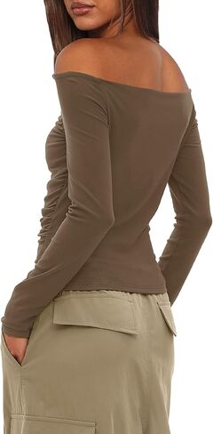 Darong Women Off Shoulder Shirts Long Sleeve Ruched Going Out Tops Trendy Slim Fit Fall Blouses Y2K Tops in Saudi Arabia