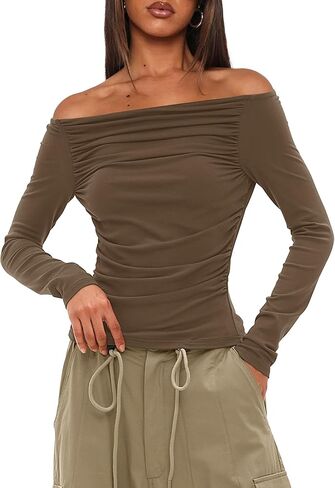 Darong Women Off Shoulder Shirts Long Sleeve Ruched Going Out Tops Trendy Slim Fit Fall Blouses Y2K Tops in Saudi Arabia