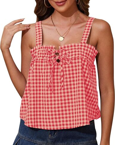 Cotton Gingham Tie Front Tank Tops for Women Girls Cute Plaid Tank Tops Casual Summer Going Out Top in Saudi Arabia