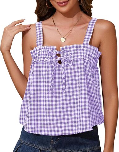 Cotton Gingham Tie Front Tank Tops for Women Girls Cute Plaid Tank Tops Casual Summer Going Out Top in Saudi Arabia