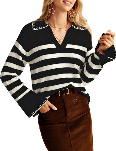 GRACE KARIN Womens Fall Fashion 2024 Sweater Long Sleeve Striped Contrast V Neck Knit Pullover Tops Trend Outfits in Saudi Arabia