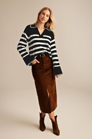 GRACE KARIN Womens Fall Fashion 2024 Sweater Long Sleeve Striped Contrast V Neck Knit Pullover Tops Trend Outfits in Saudi Arabia
