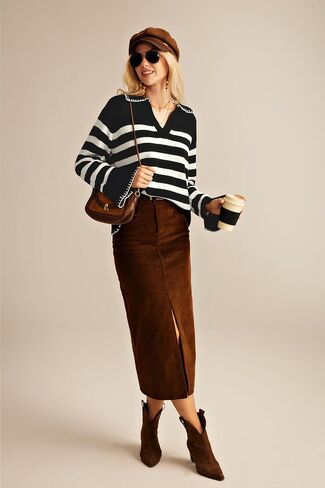GRACE KARIN Womens Fall Fashion 2024 Sweater Long Sleeve Striped Contrast V Neck Knit Pullover Tops Trend Outfits in Saudi Arabia