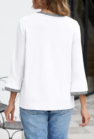 MEROKEETY Women's 3/4 Sleeve Tops Dressy Casual Crew Neck Color Block Loose Trendy Blouses T Shirts in Saudi Arabia