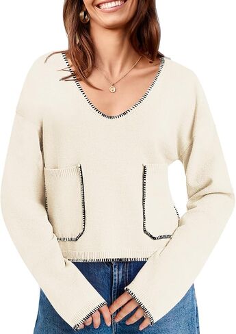 Saodimallsu Womens Cropped V Neck Sweater 2024 Fall Trendy Long Sleeve Loose Knit Pullover Crop Top Sweaters in Saudi Arabia