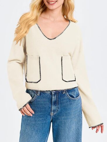 Saodimallsu Womens Cropped V Neck Sweater 2024 Fall Trendy Long Sleeve Loose Knit Pullover Crop Top Sweaters in Saudi Arabia
