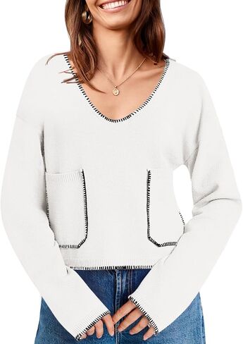 Saodimallsu Womens Cropped V Neck Sweater 2024 Fall Trendy Long Sleeve Loose Knit Pullover Crop Top Sweaters in Saudi Arabia