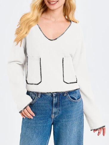 Saodimallsu Womens Cropped V Neck Sweater 2024 Fall Trendy Long Sleeve Loose Knit Pullover Crop Top Sweaters in Saudi Arabia