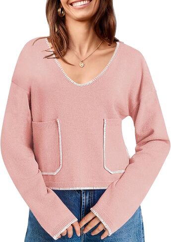 Saodimallsu Womens Cropped V Neck Sweater 2024 Fall Trendy Long Sleeve Loose Knit Pullover Crop Top Sweaters in Saudi Arabia