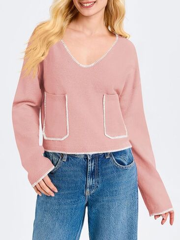 Saodimallsu Womens Cropped V Neck Sweater 2024 Fall Trendy Long Sleeve Loose Knit Pullover Crop Top Sweaters in Saudi Arabia