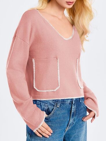 Saodimallsu Womens Cropped V Neck Sweater 2024 Fall Trendy Long Sleeve Loose Knit Pullover Crop Top Sweaters in Saudi Arabia