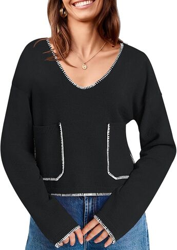 Saodimallsu Womens Cropped V Neck Sweater 2024 Fall Trendy Long Sleeve Loose Knit Pullover Crop Top Sweaters in Saudi Arabia