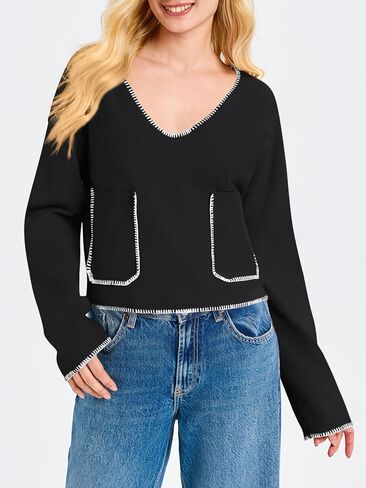 Saodimallsu Womens Cropped V Neck Sweater 2024 Fall Trendy Long Sleeve Loose Knit Pullover Crop Top Sweaters in Saudi Arabia