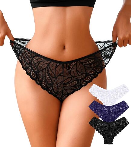 Lace Underwear for Women High Waisted Sexy Cheeky Hipster Panties Breathable Wicking Bikini Briefs, 3 Pack in Kuwait