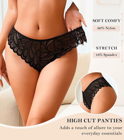 Lace Underwear for Women High Waisted Sexy Cheeky Hipster Panties Breathable Wicking Bikini Briefs, 3 Pack in Kuwait