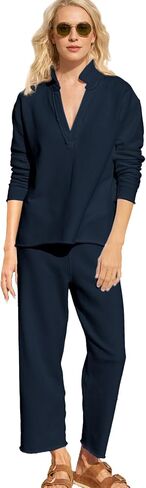 Two Piece Sets for Women Long Sleeve V Neck Tops Casual Sweatpants Lounge Travel Set Cozy Outfit in Saudi Arabia