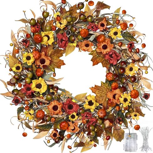 24 Inch Fall Wreath with Lights, Fall Farmhouse Wreath with Berry,Daisies and Pumpkins, Autumn Wreaths for Front Door Outdoor Window Indoor Thanksgiving Halloween Decor in Saudi Arabia