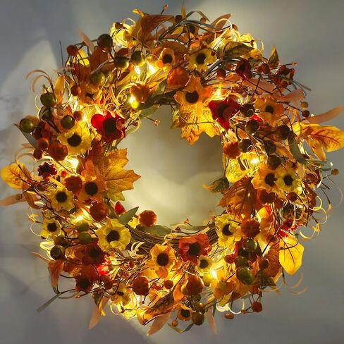 24 Inch Fall Wreath with Lights, Fall Farmhouse Wreath with Berry,Daisies and Pumpkins, Autumn Wreaths for Front Door Outdoor Window Indoor Thanksgiving Halloween Decor in Saudi Arabia
