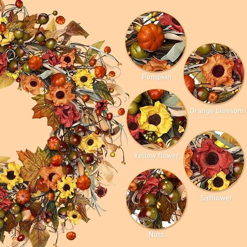 24 Inch Fall Wreath with Lights, Fall Farmhouse Wreath with Berry,Daisies and Pumpkins, Autumn Wreaths for Front Door Outdoor Window Indoor Thanksgiving Halloween Decor in Saudi Arabia