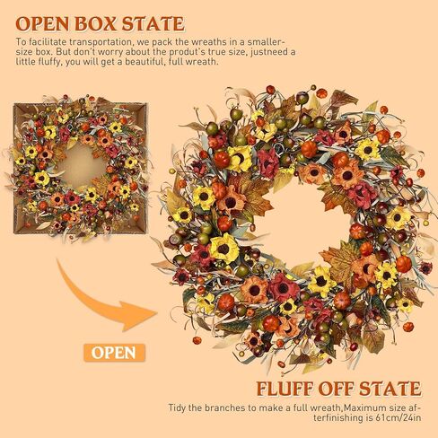 24 Inch Fall Wreath with Lights, Fall Farmhouse Wreath with Berry,Daisies and Pumpkins, Autumn Wreaths for Front Door Outdoor Window Indoor Thanksgiving Halloween Decor in Saudi Arabia