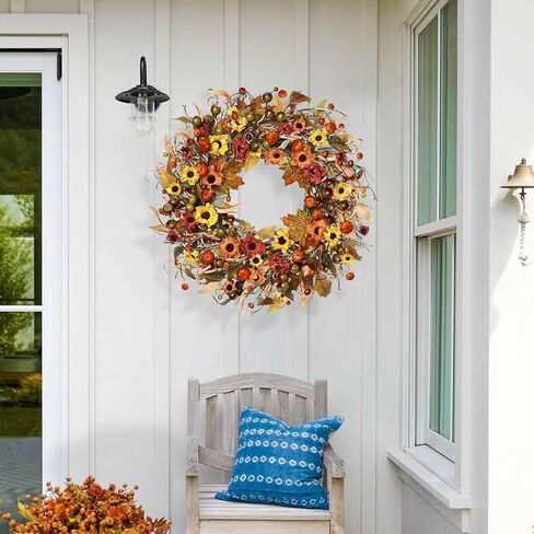 24 Inch Fall Wreath with Lights, Fall Farmhouse Wreath with Berry,Daisies and Pumpkins, Autumn Wreaths for Front Door Outdoor Window Indoor Thanksgiving Halloween Decor in Saudi Arabia